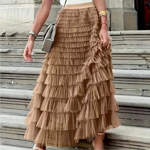 NEW Caramel Tan Light Brown Tutu Maxi Dress